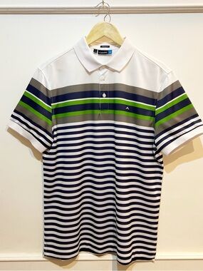 J.Lindeberg White Polo with Navy Stripes and Green Stripes